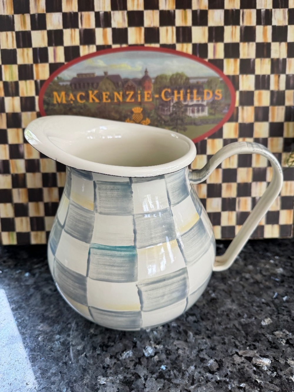 MacKenzie-Childs Sterling Check Hand-Painted Enamel Pitcher 8” Tall - Beautiful!